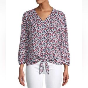 Beach Lunch Lounge floral tie front top Medium Red White Blue Flowers EUC